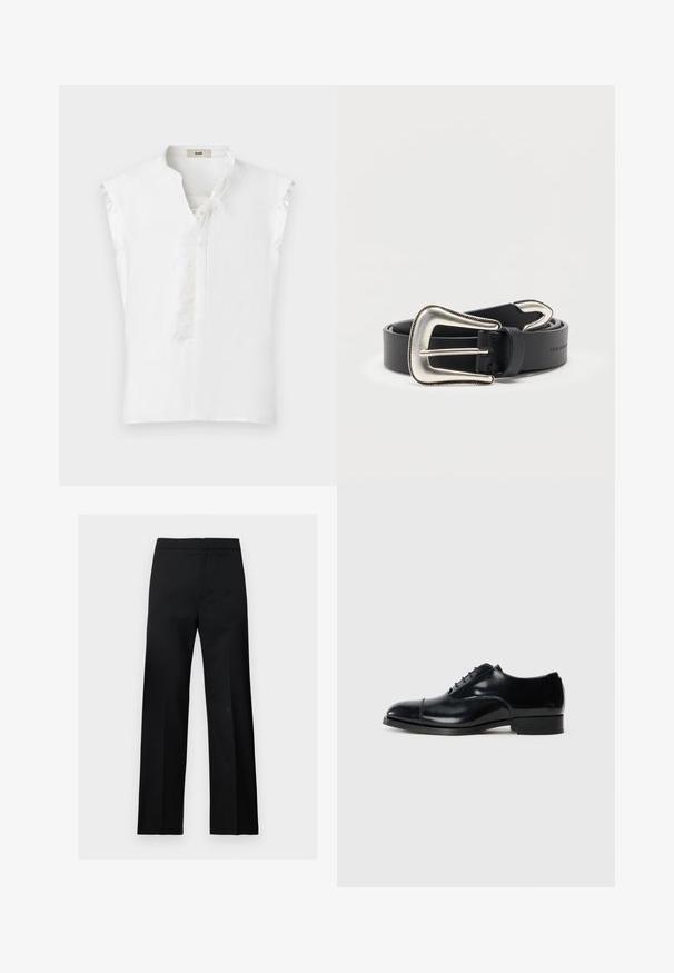 Blouse blanche sans manches avec bordure en plumes le long de l'encolure avant et col en V légèrement arrondi, présentée sur un fond uni.; Pantalon formel noir à jambes droites, taille haute, au design épuré et minimaliste, présenté sur un fond clair uni.; Chaussure de ville en cuir noir avec une finition polie, bout rond, design à lacets et un petit talon empilé, présentant un détail de couture subtil.; Ceinture en cuir noir avec une grande boucle de style western argentée et une pointe de ceinture argentée assortie, enroulée sur un fond blanc.
