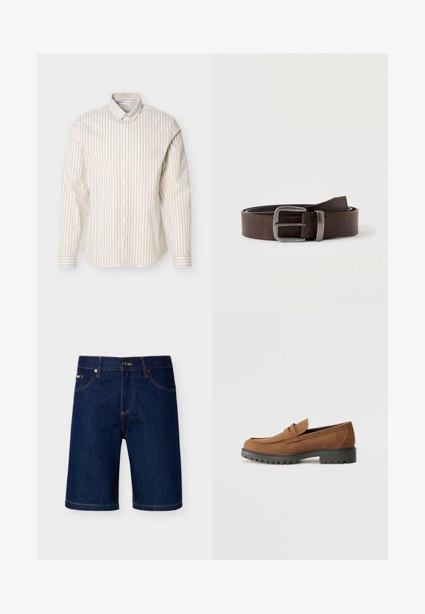Chemise à manches longues beige et blanche à rayures verticales avec col boutonné, présentée sur un fond blanc uni.; Shorts en denim bleu foncé à cinq poches, fermeture par bouton et surpiqûres jaunes, présentés sur un fond gris clair uni.; Mocassins en daim marron avec un bout arrondi et une semelle noire en caoutchouc basse, présentant une sangle décorative et des détails de couture sur le dessus.; Ceinture en cuir marron foncé avec une boucle rectangulaire en argent, enroulée et placée sur un fond clair et neutre.