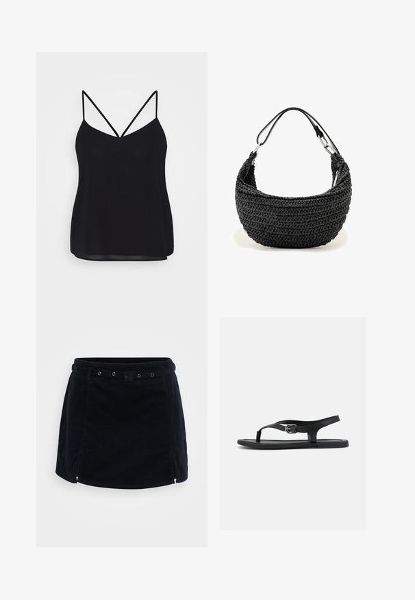 Camisole noire avec des bretelles fines réglables, un décolleté en V et un tissu lisse légèrement transparent. Design décontracté avec une coupe ample.; Jupe mini en velours côtelé noir avec une taille ajustée, passant de ceinture et fentes sur les côtés. Présente des coutures plates et une texture lisse.; Sandale plate noire avec bride à la cheville, entre-doigt et boucle argentée sur semelle lisse, vue de côté sur fond blanc.; Sac à main tissé noir avec une forme courbée et une fine sangle d'épaule en cuir attachée par des fermoirs argentés.
