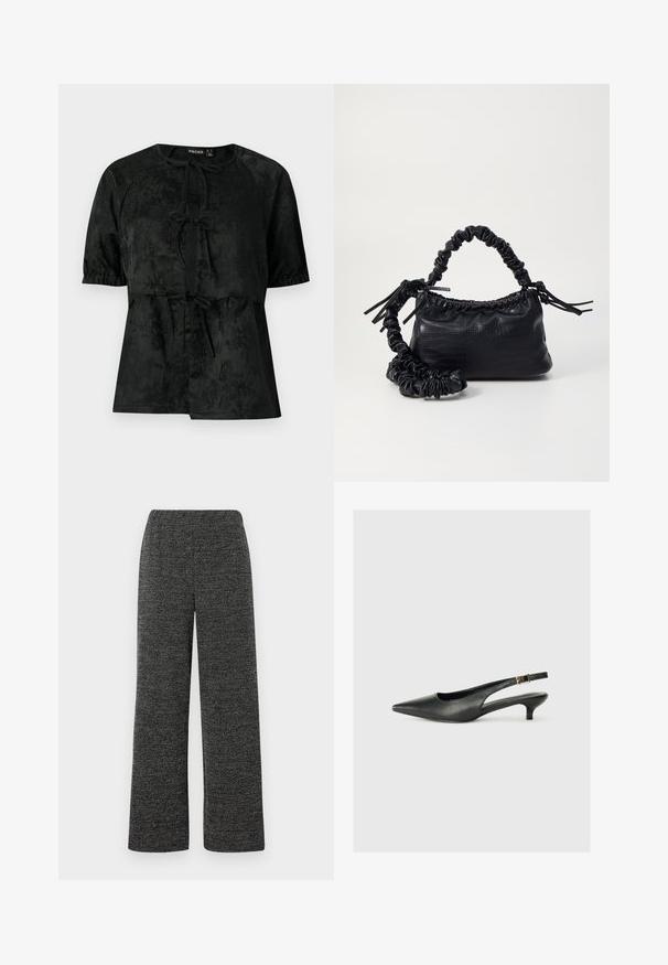 Schwarze kurzärmlige Bluse mit subtilen floralen Jacquard-Muster, drei vorderen Bindeschlaufen und elastischen Ärmelbündchen.; Schwarz-graue weit geschnittene Hose aus strukturiertem Stoff mit einem elastischen Bund für zusätzlichen Komfort. Keine sichtbaren Taschen oder Verschlüsse.; Schwarzer Slingback-Schuh mit spitzem Zehenbereich aus glattem Leder. Mit einem dünnen Absatz und einer dekorativen Schnalle am verstellbaren Riemen.; Schwarze Handtasche aus Kunstleder mit Krokodilstruktur, gerafftem oberen Teil und einem geschoppten Tragegurt. Sie wirkt weich und kompakt im Design.