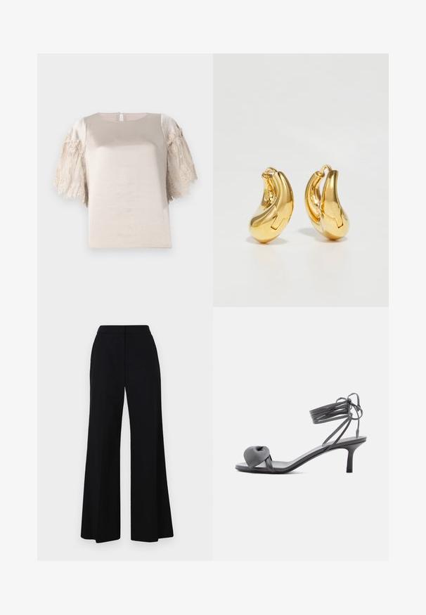 Haut beige avec des manches courtes bordées de dentelle ; texture lisse avec un col rond et une ouverture en forme de goutte au dos.; Pantalon large noir avec une taille haute, tissu lisse et lignes épurées. Pas de matériel visible ni de motifs.; Sandale à talon en cuir gris avec une bride nouée sur les orteils et des lacets enroulants autour de la cheville, sur un talon moyen et fin, sur fond blanc.; Boucles d'oreilles en or en forme de d'anneaux lisses et courbés avec une finition polie. Équipées d'un mécanisme de fermeture et de légères indentations pour le détail.