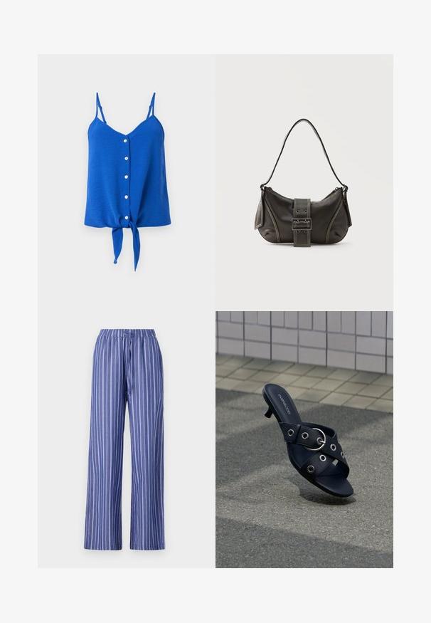 Haut sans manches bleu avec un décolleté en V, six boutons blancs sur le devant et un nœud noué à l'ourlet. Tissu texturé avec des bretelles fines.; Pantalons larges rayés bleu et blanc avec une taille élastique, fabriqués en tissu léger, présentant une coupe décontractée et une texture lisse.; Sandale noire à talon avec des brides croisées ornées d'œillets argentés et une boucle ronde, posée sur un pavement texturé près d'un mur carrelé.; Sac à épaule en cuir noir avec une sangle à boucle, des bords arrondis et des coutures blanches contrastées sur un fond uni.