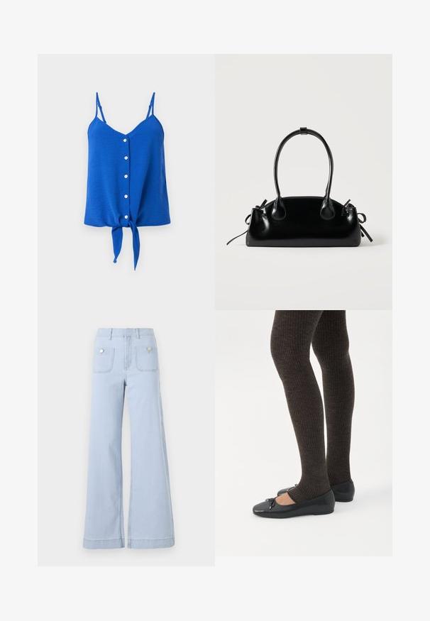 Haut sans manches bleu avec un décolleté en V, six boutons blancs sur le devant et un nœud noué à l'ourlet. Tissu texturé avec des bretelles fines.; Jean large en denim bleu clair, avec une taille haute, de grandes poches avant et des accents métalliques sur les poches arrière.; Jambes portant des leggings côtelés foncés associés à des ballerines noires avec de petits détails en nœud sur fond blanc.; Petit sac à main noir brillant avec deux longues anses et des détails à cordon sur les côtés sur un fond clair uni.