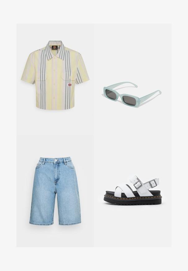 Kraftig kortærmet skjorte i lysegul med lodrette grønne og pastelfarvede striber. Har to brystlommer og et logo-patch på venstre lomme.; Lysblå denimshorts med høj talje, der har en knaplukning, fem lommer og en afslappet pasform, der går til midten af låret.; Hvide lædersandaler med justerbare spænder, lagdelt sort platformssål og orange syning langs kanten.; Et par rektangulære solbriller med lyseblå gennemsigtige stel og mørkegrå linser, der har lige templer og minimale hardware detaljer.
