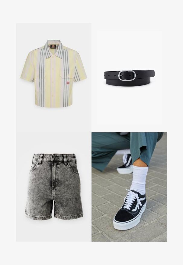 Korte mouwen overhemd in lichtgeel met verticale groene en pastel strepen. Beschikt over twee borstzakken en een logo-opdruk op de linkerzak.; Zwarte denim shorts met een hoge taille, vijf zakken en een versleten textuur met zichtbare stiksels en metalen hardware details.; Zwarte suède sneaker met witte accenten en veters, uitgerust met een dikke witte zool en contrasterende stiksels, gecombineerd met een witte sok.; Zwarte leren riem met een gladde textuur, ovaal zilveren metalen gespsluiting en meerdere verstelgaten langs de band. Platte, minimalistische uitstraling.