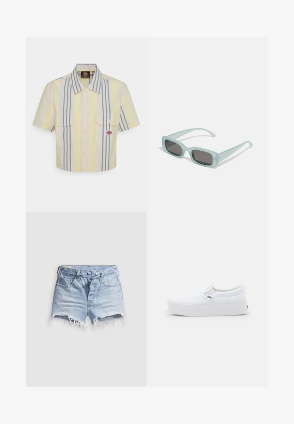Kraftig kortærmet skjorte i lysegul med lodrette grønne og pastelfarvede striber. Har to brystlommer og et logo-patch på venstre lomme.; Lyseblå denim shorts med afklippede ben og frynser, fem lommer og knaplukning. Stoffet er blødt med et let slidt udseende.; Hvide Vans slip-on sneakers med tyk sål og subtilt logo-tag på siden, vist i profil mod en ensfarvet lys baggrund.; Et par rektangulære solbriller med lyseblå gennemsigtige stel og mørkegrå linser, der har lige templer og minimale hardware detaljer.