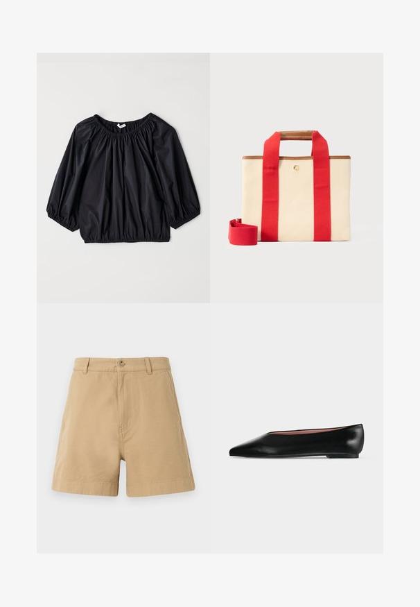 Blouse noire légère avec un col et des poignets élastiques. Présente une forme ample et ballon ainsi qu'une texture lisse et brillante.; Shorts beige en coton, avec un design classique, fermeture à bouton à l'avant et passants de ceinture. Texture lisse avec poches latérales.; Chaussure plate en cuir noir pour femme, avec bout pointu et petit talon, vue de côté sur un fond gris clair uni.; Sac fourre-tout rectangulaire en toile beige avec larges bandoulières rouges, garniture en cuir marron, et bandoulière rouge amovible sur un fond clair.