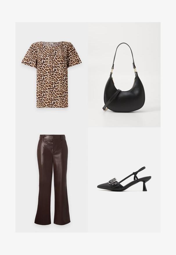 Top de manga corta con estampado de leopardo que presenta un escote redondeado, hecho de una tela suave con un fondo beige y manchas marrón negras.; Pantalones acampanados de imitación de cuero marrón con una textura suave, que presentan una cintura con cinturón y una cremallera. Líneas limpias y una silueta elegante.; Simmi London DALA - Tacones - black; Bolso de mano de cuero negro con forma curva, que cuenta con un cierre superior con cremallera, un asa corta y una correa para el hombro desmontable. Accesorios en dorado.