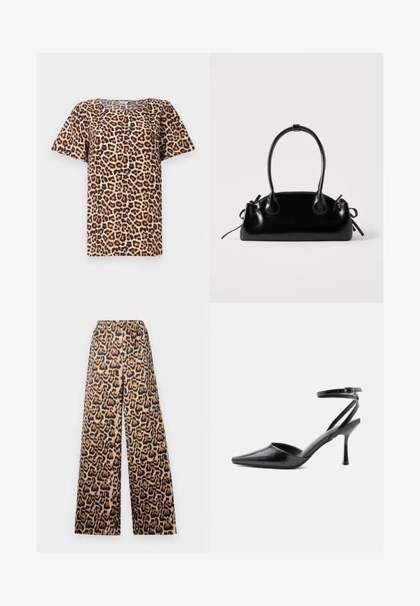 Top de manga corta con estampado de leopardo que presenta un escote redondeado, hecho de una tela suave con un fondo beige y manchas marrón negras.; Pantalones de pierna ancha con estampado de leopardo en beige y negro, que cuentan con una cintura elástica y una textura suave.; Zapato de tacón alto negro de punta fina con delgadas correas en el tobillo y cierre de hebilla plateada sobre un fondo liso claro.; Pequeño bolso negro brillante con dos asas largas y detalles de cordón lateral sobre un fondo claro liso.