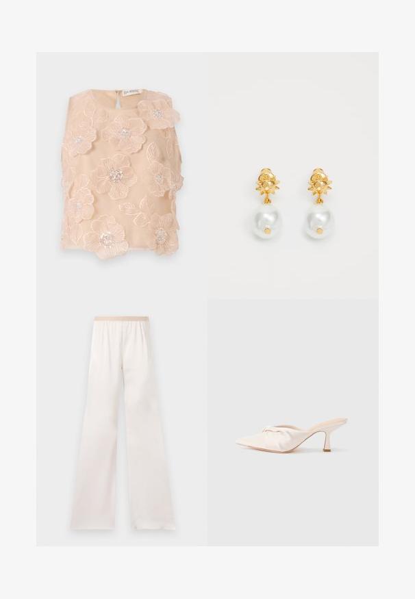 Haut brodé de fleurs en tissu doux pêche, présentant des fleurs en 3D avec des centres perlés et une fermeture à dos en trou de serrure. Texture lisse.; Pantalon ample couleur crème à taille haute avec une ceinture élastique beige, présenté sur un fond clair uni.; Chaussure mule en tissu beige clair avec un design noué à l'avant, bout pointu et talon fin et effilé. Texture lisse dans l'ensemble.; Boucles d'oreilles dorées avec un sommet en forme de soleil et une grosse perle blanche pendante. Présentent une texture lisse et une finition brillante.