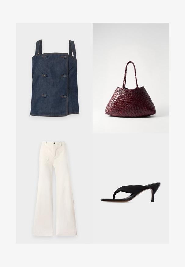 Haut sans manches en denim bleu foncé avec un double boutonnage et des coutures marron visibles sur un fond clair.; Pantalon blanc ample à taille haute avec poches plaquées sur le devant, passants pour ceinture et fermeture à bouton.; Sandale noire à talon moyen avec bride rembourrée sur les orteils et design à lanière, talon fin et semelle lisse sur un fond clair uni.; DRAGON DIFFUSION SANTA CROCE BIG - Sac à main - bordo