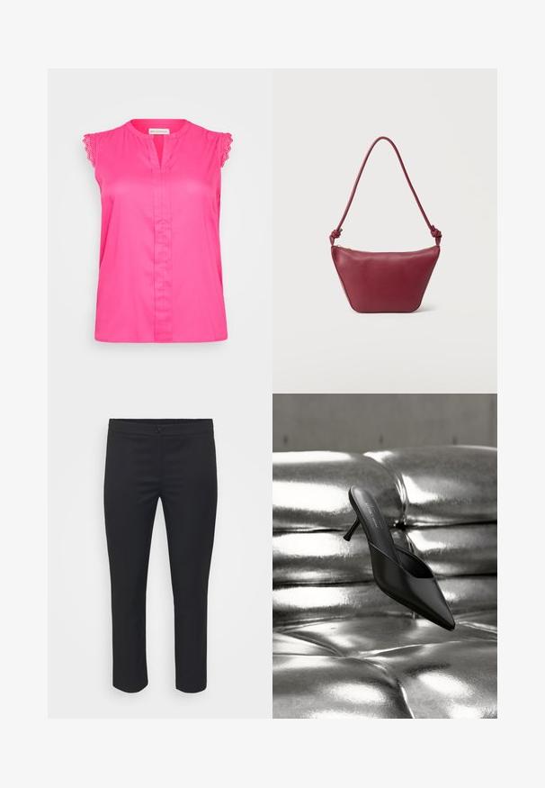 Blusa sin mangas de color rosa con borde de encaje en los hombros, que cuenta con una tapeta en la parte delantera y un corte relajado. Tejido suave, de color sólido, sin estampados.; Pantalones negros ajustados con una textura suave, cintura de altura media y largo recortado. Cuenta con un cierre frontal de botón y líneas limpias.; Mula negra con punta puntiaguda y tacón delgado, colocada sobre una superficie brillante, metálica y capitoné plateada.; Pequeño bolso de cuero burdeos para el hombro con correa anudada y cierre superior con cremallera sobre un fondo claro y sencillo.