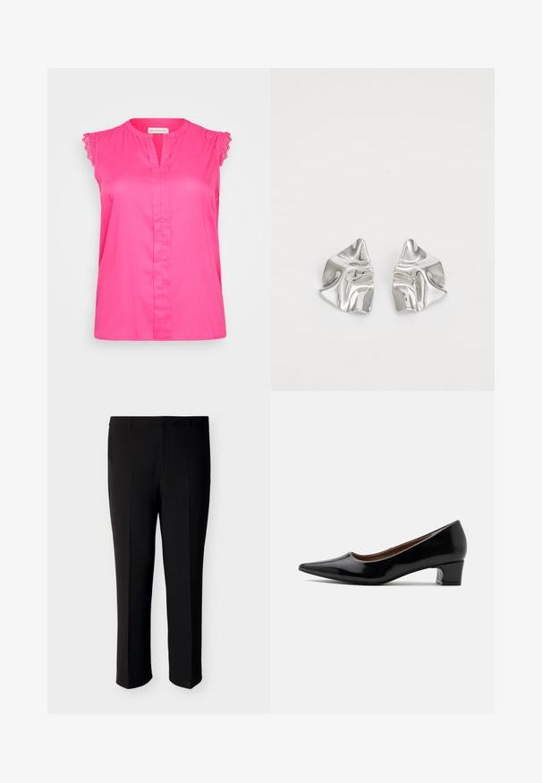 Blusa sin mangas de color rosa con borde de encaje en los hombros, que cuenta con una tapeta en la parte delantera y un corte relajado. Tejido suave, de color sólido, sin estampados.; Pantalones negros ajustados de tela suave, con corte recto, dos bolsillos delanteros y un diseño sencillo en la pretina.; Zapato de salón bajo de piel de charol negra con punta afilada y tacón de bloque curvado, mostrado de perfil sobre un fondo claro y liso.; Pendientes de metal plateado con un diseño ondulado y escultórico, que presentan un acabado pulido y formas irregulares, destacando una estética contemporánea.