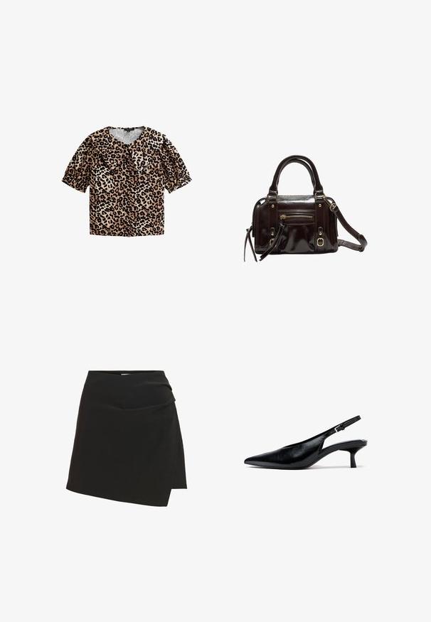 Blouse à motif léopard avec manches courtes bouffantes, décolleté en V et grand col. Présente une palette de couleurs beige et noir ; fabriquée en tissu léger.; Mini-jupe asymétrique noire avec un léger détail drapé sur le devant à droite, longueur genou côté gauche.; Escarpin slingback en cuir noir à talon kitten, avec bout pointu et bride réglable avec boucle, sur fond blanc.; Sac à main en cuir verni marron avec double poignées, bandoulière amovible, poche zippée à l'avant et accents en métal doré.