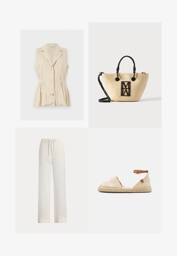 Blouse beige sans manches avec boutons, col et taille cintrée, présentée à plat sur fond blanc.; Pantalon blanc ample avec taille élastique et cordon, présenté sur un fond uni.; Espadrille en coton avec une tige brodée beige, semelle en jute et une sangle de cheville brune avec un détail de boucle dorée.; Sac cabas beige tissé avec anses noires et bandoulière amovible, avec un logo géométrique noir sur le devant.