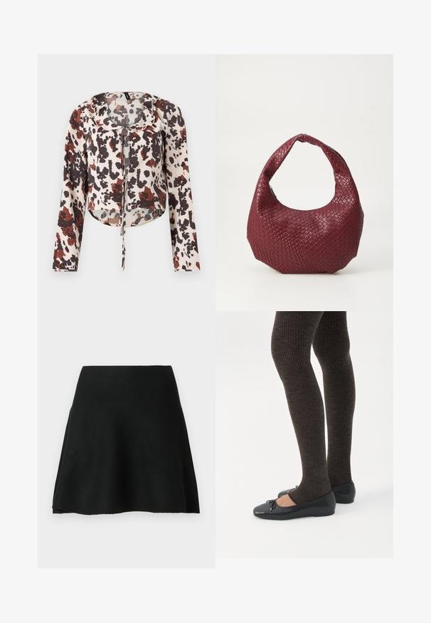 Blouse raccourcie avec cordon de serrage, présentant une base beige et un imprimé abstrait brun et rouge. Manches longues et tissu doux et texturé.; Jupe patineuse noire en tissu doux, design évasé avec une texture lisse, dotée d'une taille haute et coupée au-dessus du genou.; Jambes portant des leggings côtelés foncés associés à des ballerines noires avec de petits détails en nœud sur fond blanc.; Sac à main tissé bordeaux avec une silhouette arrondie, une seule poignée et une finition texturée. Fermeture zippée en haut.