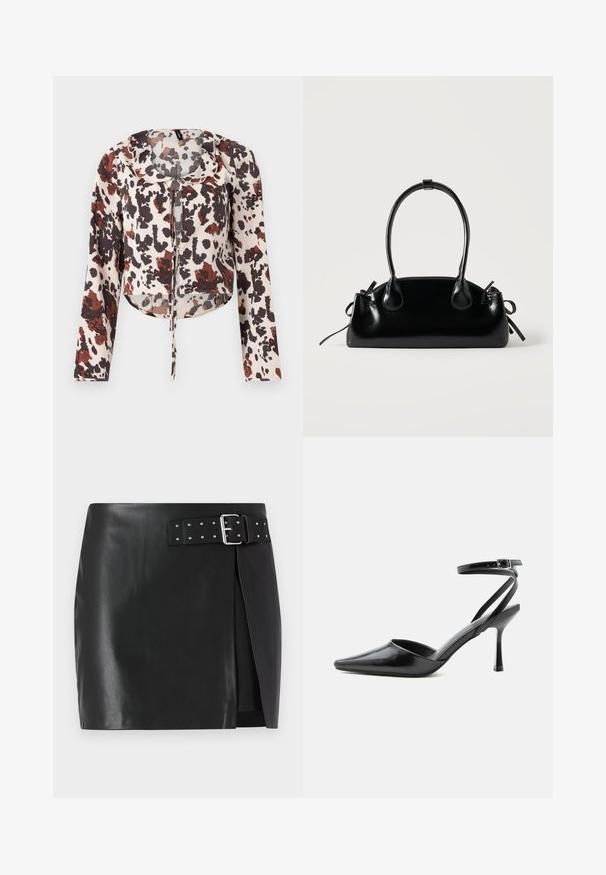 Blouse raccourcie avec cordon de serrage, présentant une base beige et un imprimé abstrait brun et rouge. Manches longues et tissu doux et texturé.; Mini-jupe en simili cuir noir avec une ceinture réglable comportant une boucle en argent et des clous décoratifs, design à enroulement avant et texture lisse.; Escarpin noir à bout pointu avec fines brides de cheville et fermeture à boucle argentée sur fond clair uni.; Petit sac à main noir brillant avec deux longues anses et des détails à cordon sur les côtés sur un fond clair uni.