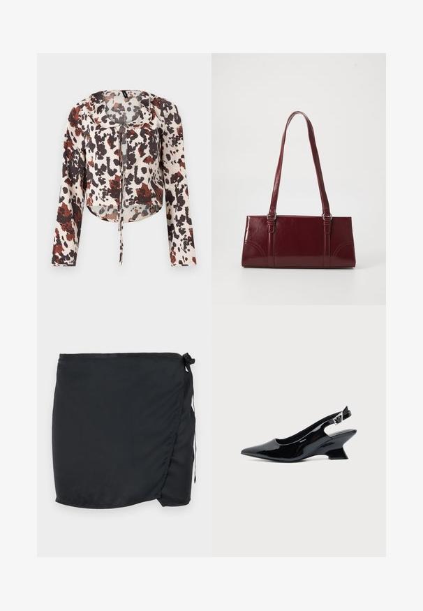 Blouse raccourcie avec cordon de serrage, présentant une base beige et un imprimé abstrait brun et rouge. Manches longues et tissu doux et texturé.; Jupe de bain noire avec un design enroulé, fabriquée en tissu léger. Équipée d'une fermeture à nouer sur le côté et d'une texture lisse.; Chaussure slingback en cuir verni noir avec bout pointu et petit talon bloc incliné sur fond clair uni.; Sac à main bordeaux en matériau brillant, de forme rectangulaire, avec deux anses et des accents légèrement courbés à l'avant.