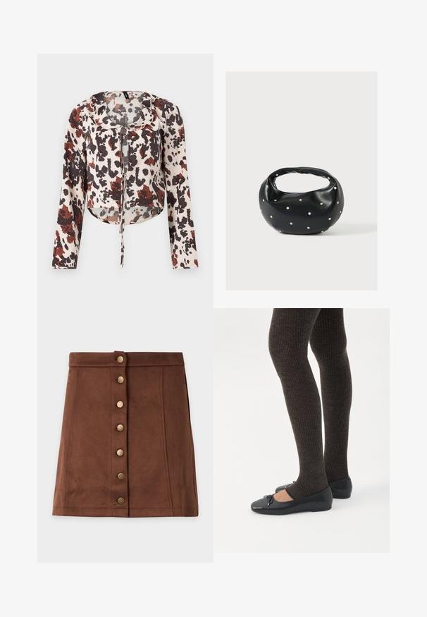 Blouse raccourcie avec cordon de serrage, présentant une base beige et un imprimé abstrait brun et rouge. Manches longues et tissu doux et texturé.; Jupe courte en daim marron avec taille haute et une rangée de six boutons ronds dorés à l'avant.; Jambes portant des leggings côtelés foncés associés à des ballerines noires avec de petits détails en nœud sur fond blanc.; Sac à main en cuir noir de forme arrondie, décoré de clous argentés et équipé d'une poignée courte. Texture lisse et fermeture éclair.