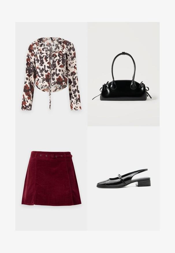 Blouse raccourcie avec cordon de serrage, présentant une base beige et un imprimé abstrait brun et rouge. Manches longues et tissu doux et texturé.; Jupe en velours côtelé rouge foncé avec une ceinture assortie et des œillets métalliques, présentant une légère forme trapèze et un détail sur le panneau avant.; Chaussure slingback en cuir verni noir avec un petit talon bloc et une fine bride avec une boucle argentée sur le dessus.; Petit sac à main noir brillant avec deux longues anses et des détails à cordon sur les côtés sur un fond clair uni.