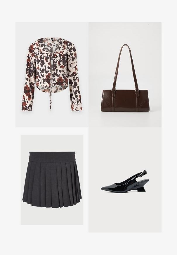 Blouse raccourcie avec cordon de serrage, présentant une base beige et un imprimé abstrait brun et rouge. Manches longues et tissu doux et texturé.; Jupe plissée grise avec une taille plate et une fermeture à glissière, fabriquée à partir d'un tissu texturé, présentant des plis profonds uniformément espacés.; Chaussure slingback en cuir verni noir avec bout pointu et petit talon bloc incliné sur fond clair uni.; Sac à main en cuir verni marron de forme rectangulaire, avec deux longues poignées et des accents courbés subtils à l'avant.