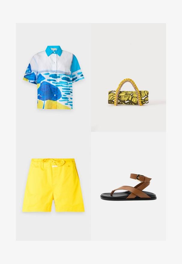 Chemise à manches courtes avec boutons, col bleu et motifs abstraits aquarelle bleus, blancs et jaunes sur le devant et les manches.; Shorts de bain jaunes avec une taille élastique et un cordon de serrage ajustable. Dispose d'une texture lisse sans motifs ni accents visibles.; Sandale plate avec semelle noire, boucle d’orteil en cuir marron, brides croisées, bride à la cheville et boucle dorée sur fond neutre.; Sac rectangulaire avec motif floral jaune et noir et anse tressée jaune et rose sur fond blanc.