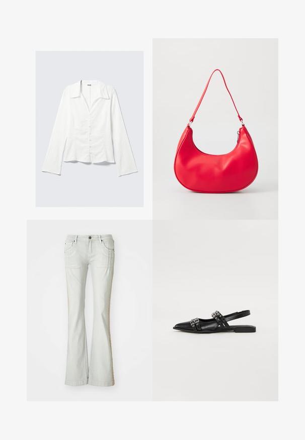 Chemise blanche à manches longues avec col, coupe ajustée, tissu texturé, fermeture à boutons sur le devant et manches évasées. Étiquette de la marque visible.; Jeans évasés en denim gris clair avec poches latérales, présentant une bande beige texturée le long de la couture extérieure, fermeture à bouton et passants de ceinture.; Even&Odd by Zalando Ballerines à brides arrière - black; Sac à épaule en simili cuir rouge au design courbé, avec une bandoulière fine et une fermeture éclair. Texture lisse avec des détails de couture visibles.