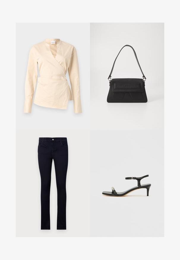 Chemise wrap beige en coton, dotée de manches longues, d'un profond décolleté en V et d'un détail de lien sur le côté pour la forme et la structure.; Jeans bleu marine en denim, avec une coupe slim, cinq poches et une fermeture à bouton en métal à la taille.; Sandale noire en cuir à talon avec bride à la cheville, bout ouvert, devant carré et accent en métal argenté. Design ajusté avec un profil élégant.; Sac à main noir avec une surface texturée, un rabat avec un logo en relief, et une bandoulière fine. Forme rectangulaire avec des accents angulaires.