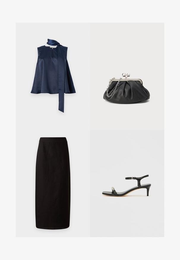 Top sans manches en satin marine avec un détail en trou de serrure, un design fluide et un long noeud en écharpe au niveau du cou, avec une texture lisse et une belle drapé.; Jupe midi noire en tissu léger. Elle présente une silhouette droite, une texture lisse et une taille simple sans embellissements.; Sandale noire en cuir à talon avec bride à la cheville, bout ouvert, devant carré et accent en métal argenté. Design ajusté avec un profil élégant.; Porte-monnaie en cuir noir avec texture froncée, cadre en métal argenté, fermeture à verrouillage kiss-lock et bandoulière en chaîne. Surface lisse et douce.