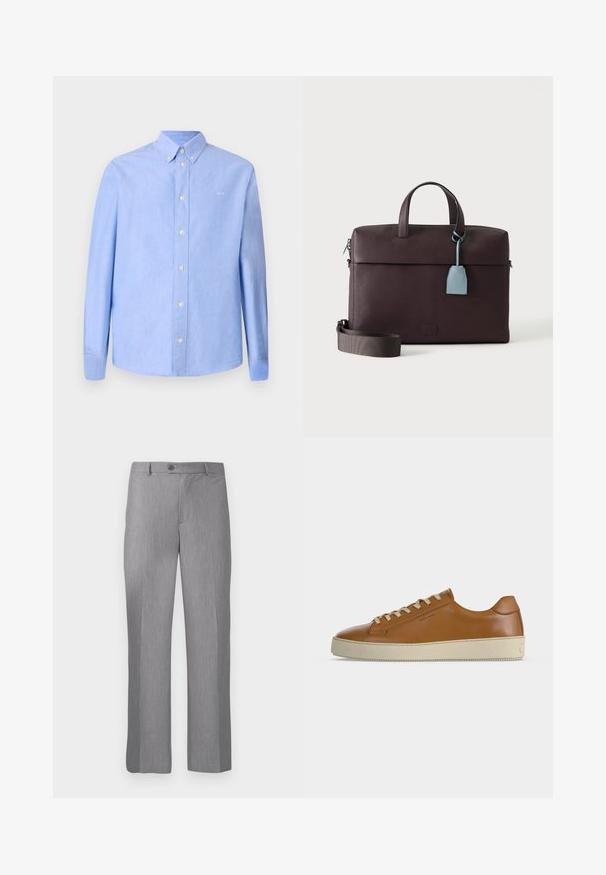 Chemise à manches longues bleu clair en tissu à texture lisse. Dotée d'un col boutonné et de boutons blancs. Petit logo sur la poitrine.; Pantalons habillés gris sur mesure avec passants de ceinture, bouton frontal et braguette zippée, dotés d'une coupe droite.; Baskets basses en cuir marron avec lacets crème et semelle épaisse en caoutchouc crème, vues de profil sur fond blanc.; Serviette en cuir marron foncé avec poignées supérieures, bandoulière amovible et étiquette en cuir bleu clair suspendue à une poignée.