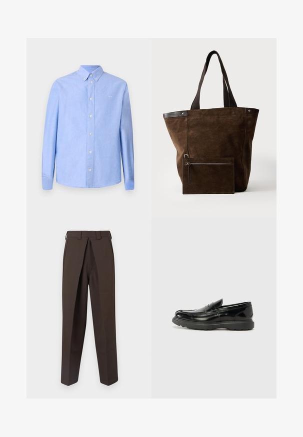 Chemise à manches longues bleu clair en tissu à texture lisse. Dotée d'un col boutonné et de boutons blancs. Petit logo sur la poitrine.; BLUEMARBLE WORK PANT - Pantalon classique - brown; Mocassin en cuir noir avec une finition brillante, bout arrondi, détails de couture subtils et semelle en caoutchouc épaisse pour la durabilité.; Sac cabas en daim marron foncé avec des poignées noires et une pochette rectangulaire zippée assortie fixée à l'avant.