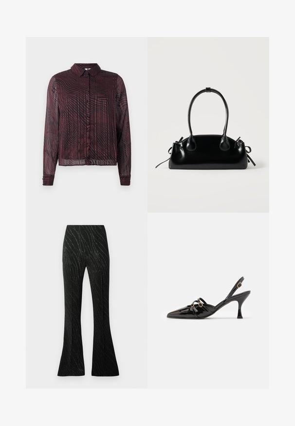 Chemise maroon transparente à boutons, à manches longues, avec un motif rayé en vagues, un col et des poignets à un seul bouton.; Pantalons évasés noirs en tissu à la texture douce, avec un motif de fil argenté ondulé. Ajustement sur mesure avec des plis avant.; ALOHAS JOELLE ONIX - Escarpins - black; Petit sac à main noir brillant avec deux longues anses et des détails à cordon sur les côtés sur un fond clair uni.