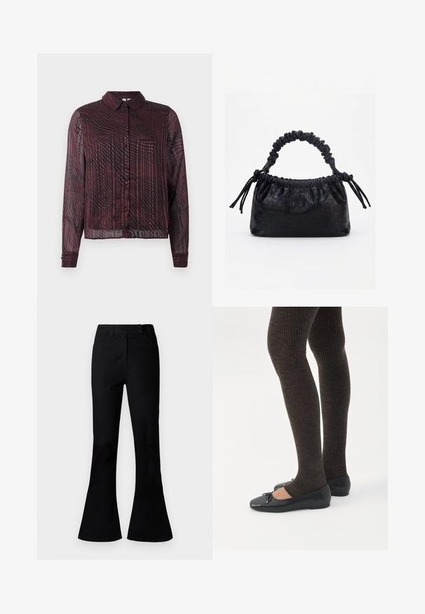 Chemise maroon transparente à boutons, à manches longues, avec un motif rayé en vagues, un col et des poignets à un seul bouton.; Pantalons évasés noirs taille haute avec poches avant, passants de ceinture et fermeture éclair à l'avant, présentés sur un fond uni.; Jambes portant des leggings côtelés foncés associés à des ballerines noires avec de petits détails en nœud sur fond blanc.; Sac à main noir avec texture crocodile, bord supérieur froncé, poignée plissée et pompons à cordon de chaque côté sur fond blanc.