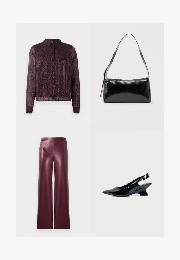 Chemise maroon transparente à boutons, à manches longues, avec un motif rayé en vagues, un col et des poignets à un seul bouton.; Pantalons en simili cuir bordeaux à jambe large, avec une texture lisse et des boutons décoratifs à la taille.; Chaussure slingback en cuir verni noir avec bout pointu et petit talon bloc incliné sur fond clair uni.; Sac d'épaule rectangulaire noir avec une sangle réglable unique et une fermeture éclair supérieure sur un fond uni.