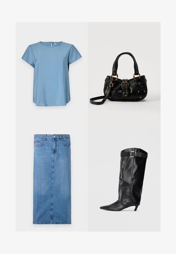 Top de manga corta azul claro con cuello redondo, hecho de una tela suave, con un brillo sutil y un cierre en la parte posterior en forma de ojal.; Falda midi de mezclilla en azul claro, con silueta recta, costura frontal y cintura estándar con cinco pasadores para cinturón y cierre de botón de metal.; Bota negra de cuero hasta la rodilla con punta afilada y un pequeño tacón. Presenta un cinturón en la parte superior con una hebilla plateada. Textura suave.; Bolso de cuero negro con hebilla y detalles de remaches dorados, asas cortas y una correa de hombro ajustable sobre un fondo blanco liso.