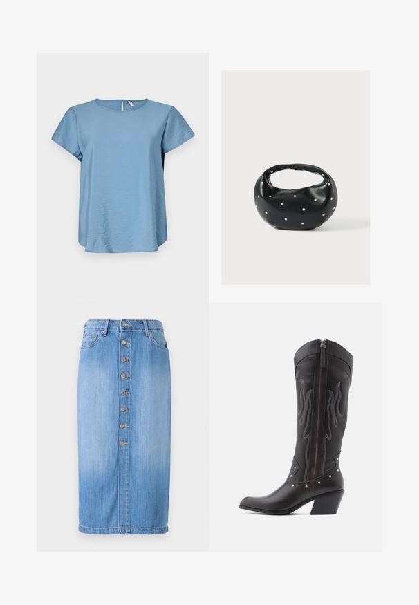 Haut bleu clair à manches courtes avec un col rond, fabriqué en tissu lisse, présentant un léger éclat et une fermeture à l'arrière en forme de clé.; Jupe midi en denim bleu avec une coupe droite, dotée d'une fermeture à boutons sur le devant, de cinq poches et d'un délavage pour une texture.; Bottes de cowboy en cuir marron avec surpiqûres en forme de flammes, fermeture éclair latérale, clous argentés, bout pointu et talon superposé.; Sac à main en cuir noir de forme arrondie, décoré de clous argentés et équipé d'une poignée courte. Texture lisse et fermeture éclair.