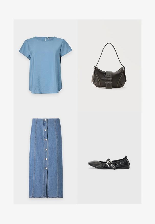 Haut bleu clair à manches courtes avec un col rond, fabriqué en tissu lisse, présentant un léger éclat et une fermeture à l'arrière en forme de clé.; Jupe en denim de couleur bleu clair avec une silhouette droite. Présente une fermeture à boutons à l'avant, des coutures verticales et un ourlet brut au bas.; Chaussure plate en cuir noir avec un nez pointu, des détails froncés autour de l'ouverture et un accent en boucle argentée sur la bride ajustable.; Sac à épaule en cuir noir avec une sangle à boucle, des bords arrondis et des coutures blanches contrastées sur un fond uni.