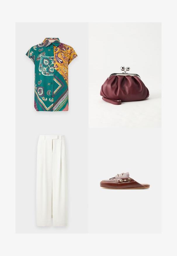 Chemise à manches courtes avec boutons, présentant un patchwork de motifs paisley et géométriques verts et jaunes sur fond blanc.; Pantalon blanc à jambes larges avec plis, passants pour ceinture et fermeture avant cachée, présenté sur un fond uni.; Mocassin à enfiler en cuir marron avec couture moc toe, œillets dorés et détail de lacet décoratif sur le côté, semelle plate, profil latéral.; Petit sac pochette en cuir bordeaux avec fermoir métallique argenté et bracelet sur fond blanc.