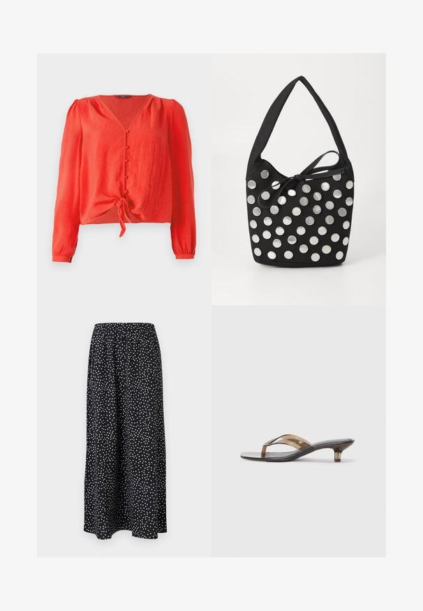 Blouse rouge à manches longues avec un décolleté en V et une fermeture à boutons sur le devant. Dotée d'un lien à la taille et d'un tissu doux et texturé.; Jupe midi noire à pois blancs irréguliers avec taille élastique, tissu fluide, sans fermetures ni poches visibles.; Tongs à talon transparent avec un design de fine sangle, dotées d'un semelle noire et d'accents marron clair, offrant une esthétique minimaliste.; Sac à main en tissu noir, de forme arrondie, orné de clous métalliques ronds en argent disposés en motif, et d'un accent en tissu noué.