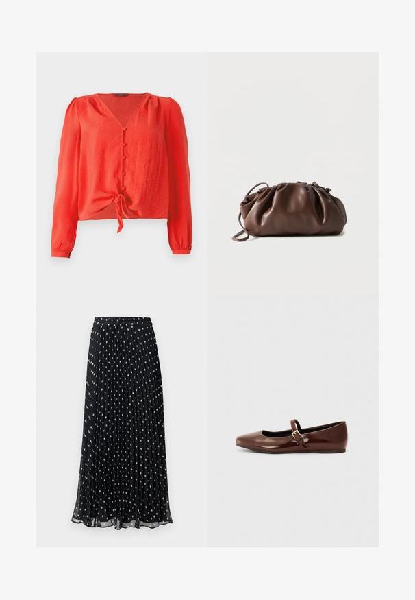 Blouse rouge à manches longues avec un décolleté en V et une fermeture à boutons sur le devant. Dotée d'un lien à la taille et d'un tissu doux et texturé.; Jupe noire plissée à pois blancs, dotée d'une taille élastique et d'un design fluide, fabriquée en tissu léger.; Ballerine en cuir verni marron avec un bout carré et une lanière ornée d'une petite boucle dorée. Texture lisse, talon bas et design minimaliste.; Sacoche en cuir marron doux avec un haut froncé et une fine bandoulière, posée sur un fond blanc.