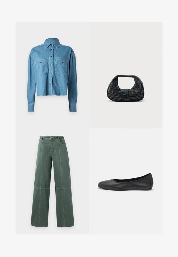 CLOSED CROPPED FRONT OVERSIZED - Chemisier - mid blue; Pantalons larges en denim vert foncé, avec des coutures surpiquées, cinq poches et une fermeture à bouton à la taille. Texture lisse et design décontracté.; Ballerines en cuir noir avec un bout rond, texture lisse, détails de couture minimalistes et design de semelle flexible.; Sac hobo tissé noir avec une structure souple et une poignée intégrée, présenté sur un fond clair uni.