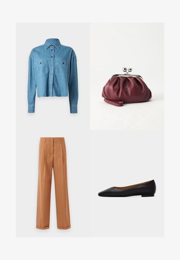 CLOSED CROPPED FRONT OVERSIZED - Chemisier - mid blue; Pantalons bruns à rayures fines avec une conception sur mesure, featuring des plis, une coupe droite et un ourlet retroussé. Fabriqués dans un tissu lisse.; Chaussure plate en cuir noir à bout pointu avec talon bas et finition lisse, vue de côté sur un fond gris clair.; Petit sac pochette en cuir bordeaux avec fermoir métallique argenté et bracelet sur fond blanc.