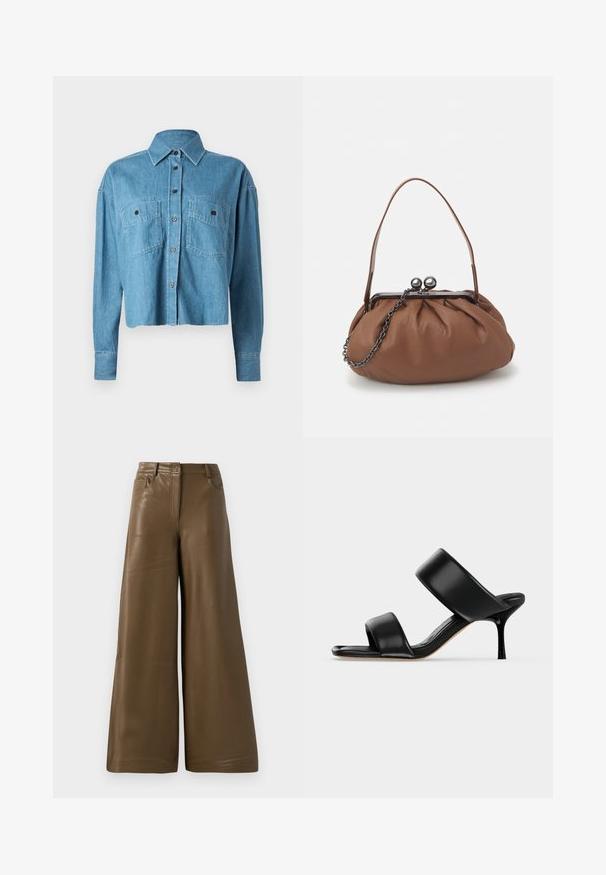 CLOSED CROPPED FRONT OVERSIZED - Chemisier - mid blue; Pantalons à jambes larges en simili cuir marron lisse. Présentent une taille haute, quatre poches et une fermeture éclair sur le devant. Texture plate et design minimaliste.; Sandale mule en cuir noir avec deux larges brides et un talon stiletto fin de hauteur moyenne sur un fond clair uni.; Sac à main en cuir marron avec un design plissé, une courte poignée en cuir et une bandoulière en chaîne. Présente un fermoir en métal argenté avec deux accents ronds.