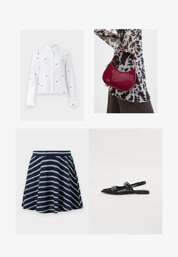 Blouse blanche à manches longues avec boutons, motifs de cœurs rouges brodés et col pointu, présentée sur un fond neutre.; Jupe tricotée bleu marine avec des rayures blanches en zigzag diagonales et une taille élastique, silhouette évasée.; Even&Odd by Zalando Ballerines à brides arrière - black; Femme portant un chemisier à motif noir et blanc tenant un sac à main rouge brillant sur un fond uni.