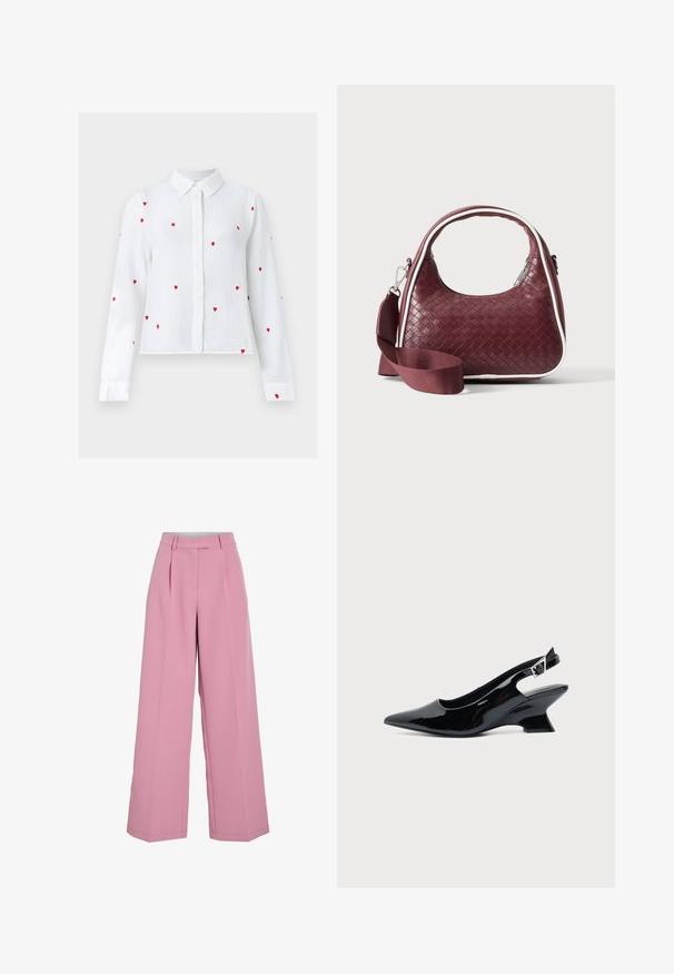 Blouse blanche à manches longues avec boutons, motifs de cœurs rouges brodés et col pointu, présentée sur un fond neutre.; Pantalon rose à jambes larges avec plis plats à l'avant, taille avec passants pour ceinture, et fermeture devant cachée.; Chaussure slingback en cuir verni noir avec bout pointu et petit talon bloc incliné sur fond clair uni.; Sac à main en cuir tressé marron foncé avec poignée courbée, garniture blanche, fermeture éclair argentée et bandoulière large en tissu amovible sur fond uni.