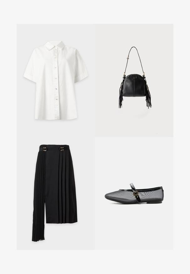 Chemise blanche à manches courtes avec boutons et col pointu, présentée sur un fond gris clair.; Jupe noire asymétrique avec de fines plis sur un côté et deux petits détails de boucles dorées à la taille.; Chaussure plate Mary Jane en mesh noir avec bride brillante et boucle dorée en forme de cœur, petit talon et bout arrondi sur fond uni.; Sac à main en cuir noir avec une forme courbée, une longue bandoulière réglable et des franges de chaque côté sur un fond clair.