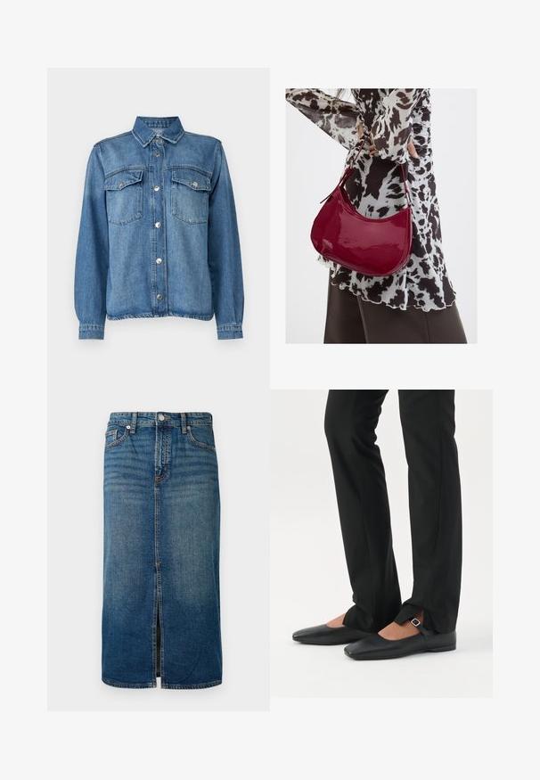 Lysblå denimjakke med frontlukning med knapper, to brystlommer, spidse kraver og lange ærmer med knapmanchetter.; Mørkeblå denim midi-skjørt med en frontslids, fem lommer og kontrastsyning. Har en knap- og lynlåslukning i taljen.; Ben iført sorte smalle bukser med forreste slidser ved kanten, parret med sorte flade Mary Jane-sko med lille spænde.; Kvinde iført en sort- og hvidmønstret bluse, der holder en blank rød skuldertaske mod en ensfarvet baggrund.