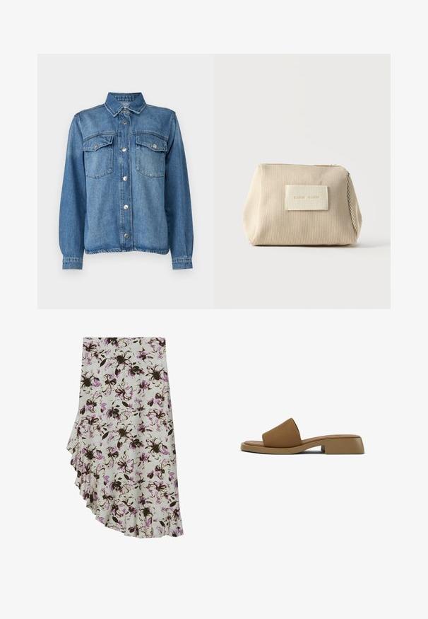 Lysblå denimjakke med frontlukning med knapper, to brystlommer, spidse kraver og lange ærmer med knapmanchetter.; Blomsterindpakket nederdel i let stof med lilla og brune blomstermønstre, asymmetrisk kant med flæsedetaljer.; Brun slip-on sandal med lav blokhæl og bred enkeltrem over foden, minimalistisk design på hvid baggrund.; Beige ribbet stofpose med lynlås i toppen og rektangulært mærke med prægede bogstaver foran, sat mod en ensfarvet hvid baggrund.