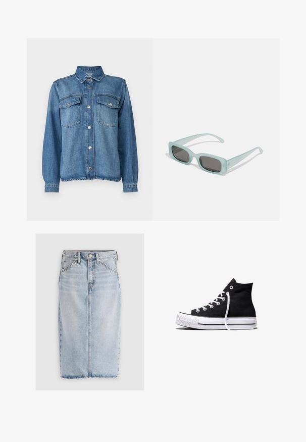 Lichtblauwe denimjas met knoopsluiting aan de voorkant, twee borstzakken, puntige kraag en lange mouwen met knoopmanchetten.; Lichtblauwe denim midi-rok met rechte snit, voorzakken en rafelige zoom. Bevat riemlussen en een centrale naad aan de voorkant.; Zwarte hooggesloten canvas sneaker met witte rubberen zool en witte veters, zijwaarts weergegeven op een witte achtergrond.; Een paar rechthoekige zonnebrillen met lichtblauwe doorzichtige monturen en donkergrijze glazen, met rechte pootjes en minimale hardwaredetails.