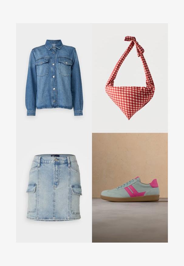 Jeansjacke in Hellblau mit Druckknopfverschluss, zwei Brusttaschen, spitzem Kragen und langen Ärmeln mit knöpfbaren Manschetten.; Jeansrock in Hellblau mit zwei vorderen Cargo-Taschen, einem Knopf- und Reißverschluss sowie einer geraden Schnittform. Überall mit einer zerstörten Textur.; Hellblauer Wildledersneaker mit pinkfarbenen Akzenten und Gummisohle. Verfügt über ein Schnürdesign, zwei pinkfarbene Streifen an der Seite und eine glatte Textur.; Weiche Stoff-Schultertasche mit rot-weiß kariertem Muster, geknotetem Griff und dreieckiger Form vor einfarbigem Hintergrund.